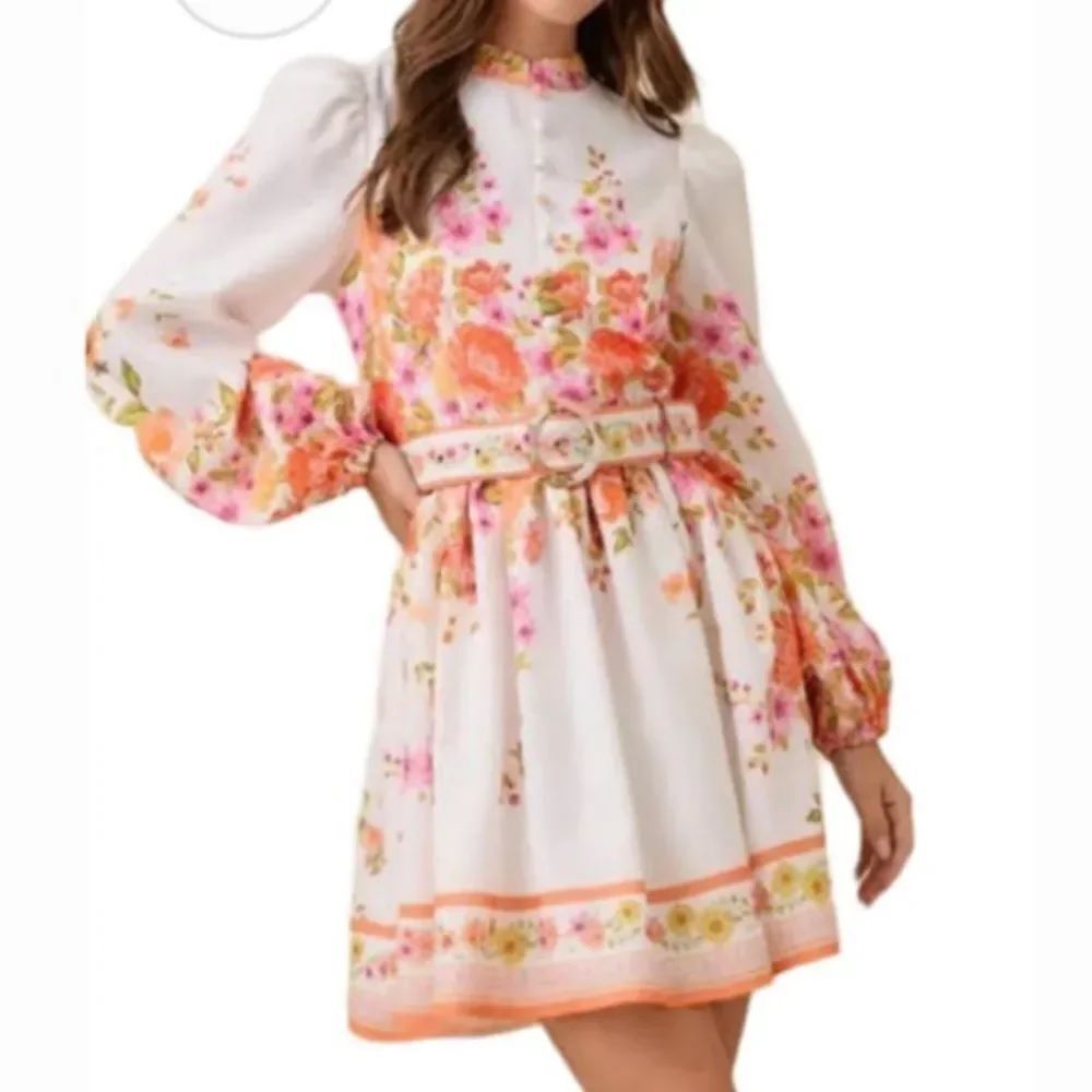 Main Strip Mock Neck Floral Border Print Mini Dress